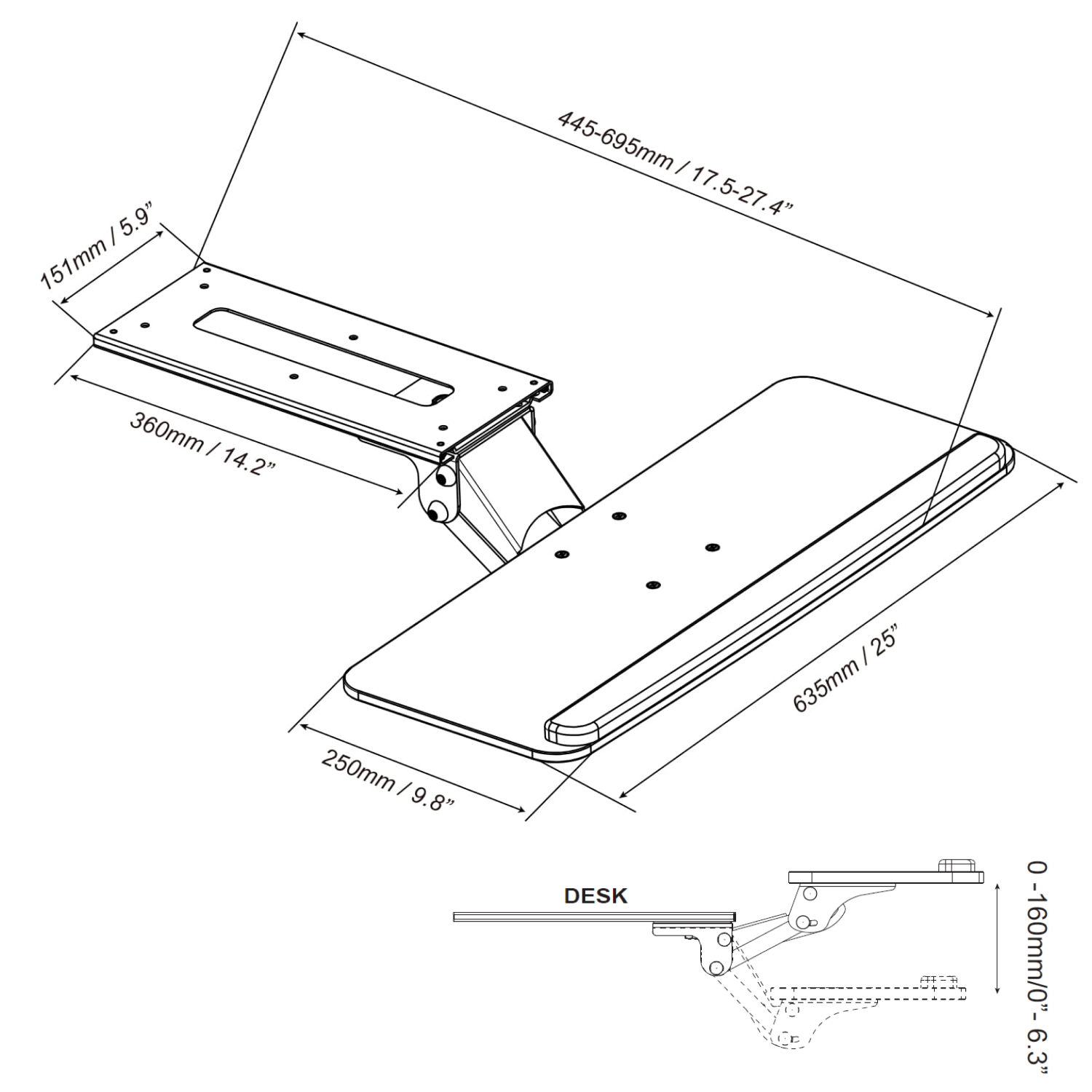 Vision Mounts VM-KB01 Underdesk Keyboard Tray Drawer Under Desk Computer Table Office Adjustable Shelf