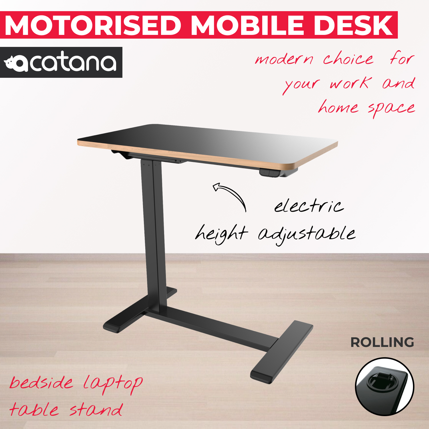 acatana Motorised Mobile Laptop Desk Cart Electric Height Adjustable Standing Rolling Bedside Table Bed | ACA-ET026-7040B