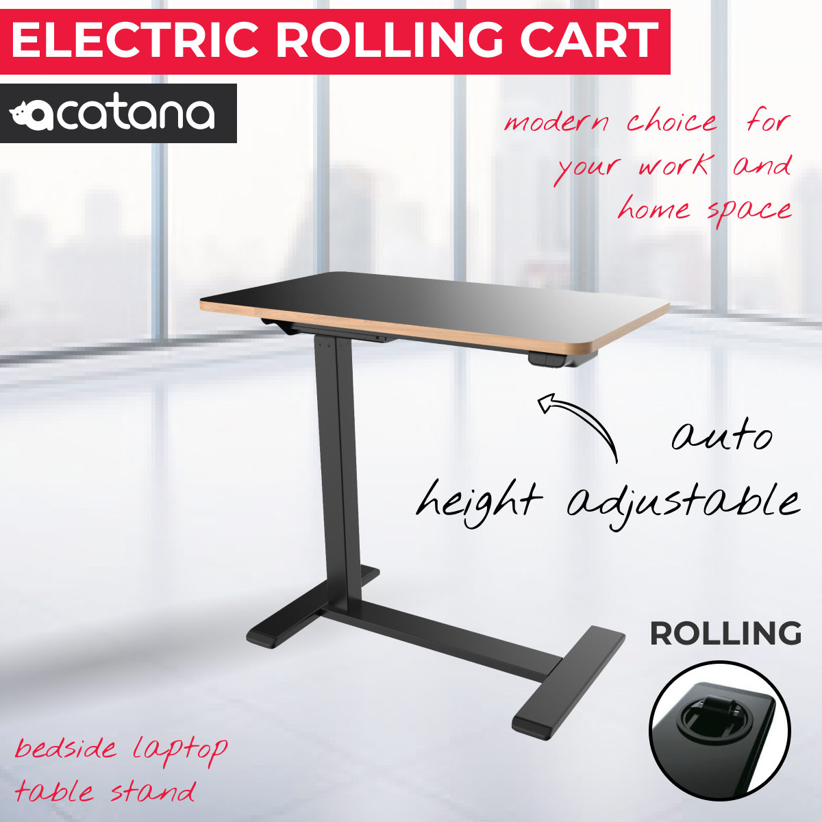 acatana Motorised Mobile Laptop Desk Cart Electric Height Adjustable Standing Rolling Bedside Table Bed | ACA-ET026-7040B