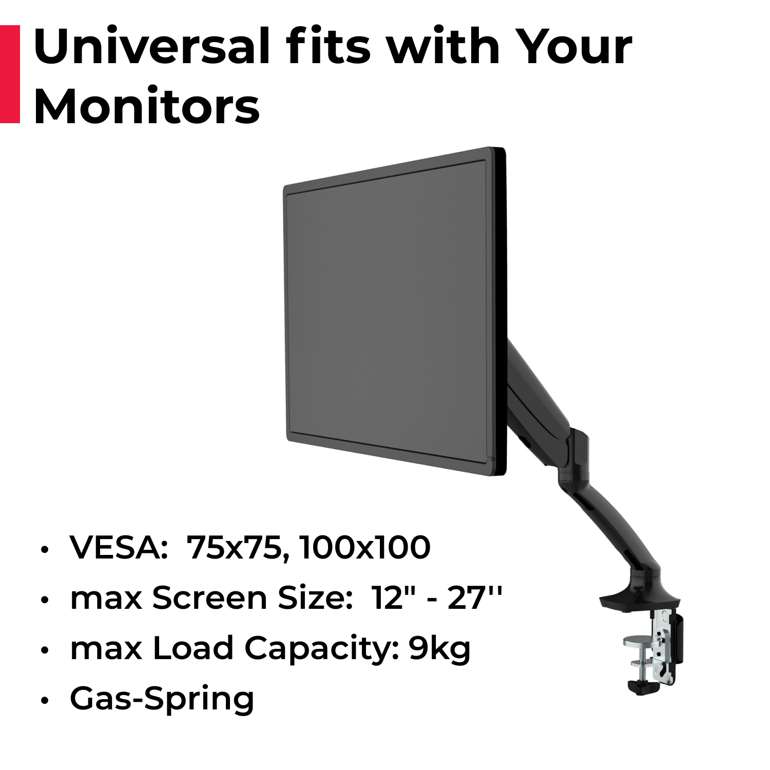 acatana Single Monitor Desk Arm Mount Computer Screen Holder 1 Display TV HD LED Gas Spring Screen Size up to 27" 9kg Adjustable VESA