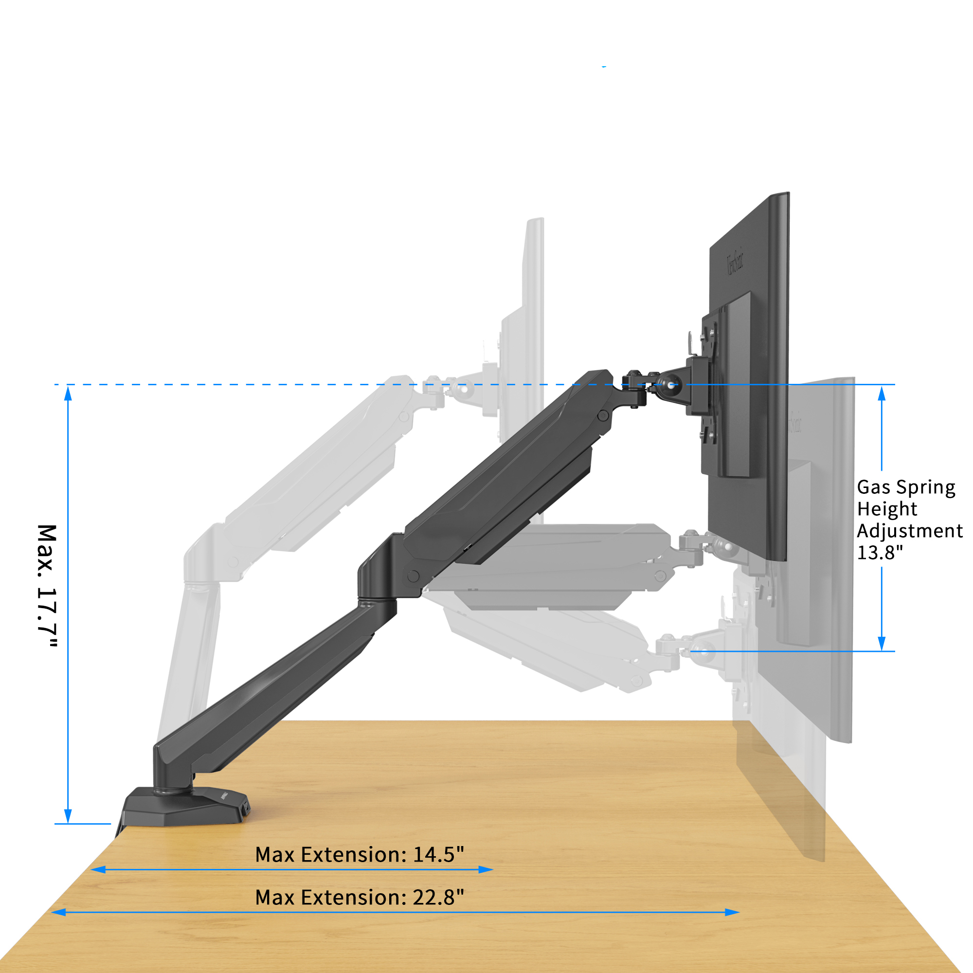 Vision Mounts VM-LCD-GM212U | Single Monitor Stand Arm Mount Gas Spring | Up to 32'' 8kg with USB