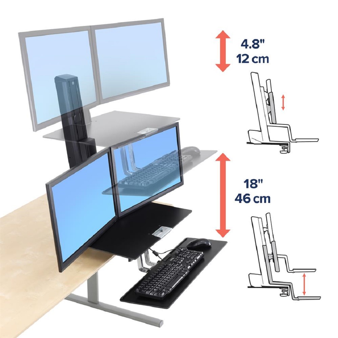 Ergotron 33-349-200 Sit Stand Desk Workstation Dual Monitor Mount Keyboard Mouse Tray Platform