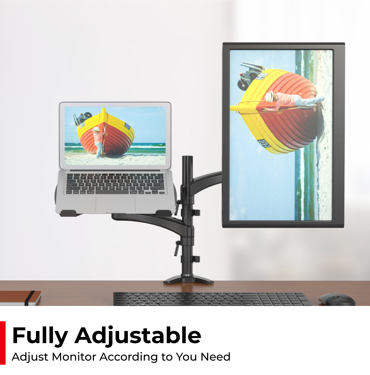 Vision Mounts VM-LH08 | Dual Monitor Stand 2 Arm Desk Screen Mount with Tray Holder VESA Adapter for Laptop & Notebook