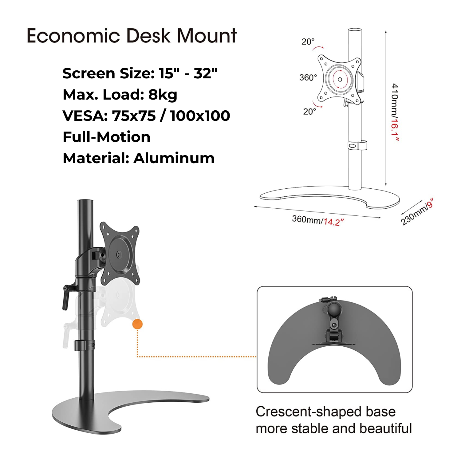 acatana ACA-FE110S | Single Monitor Mount Stand Arm Computer Screen Holder Freestanding up to 8kg 32" VESA Height Adjustable