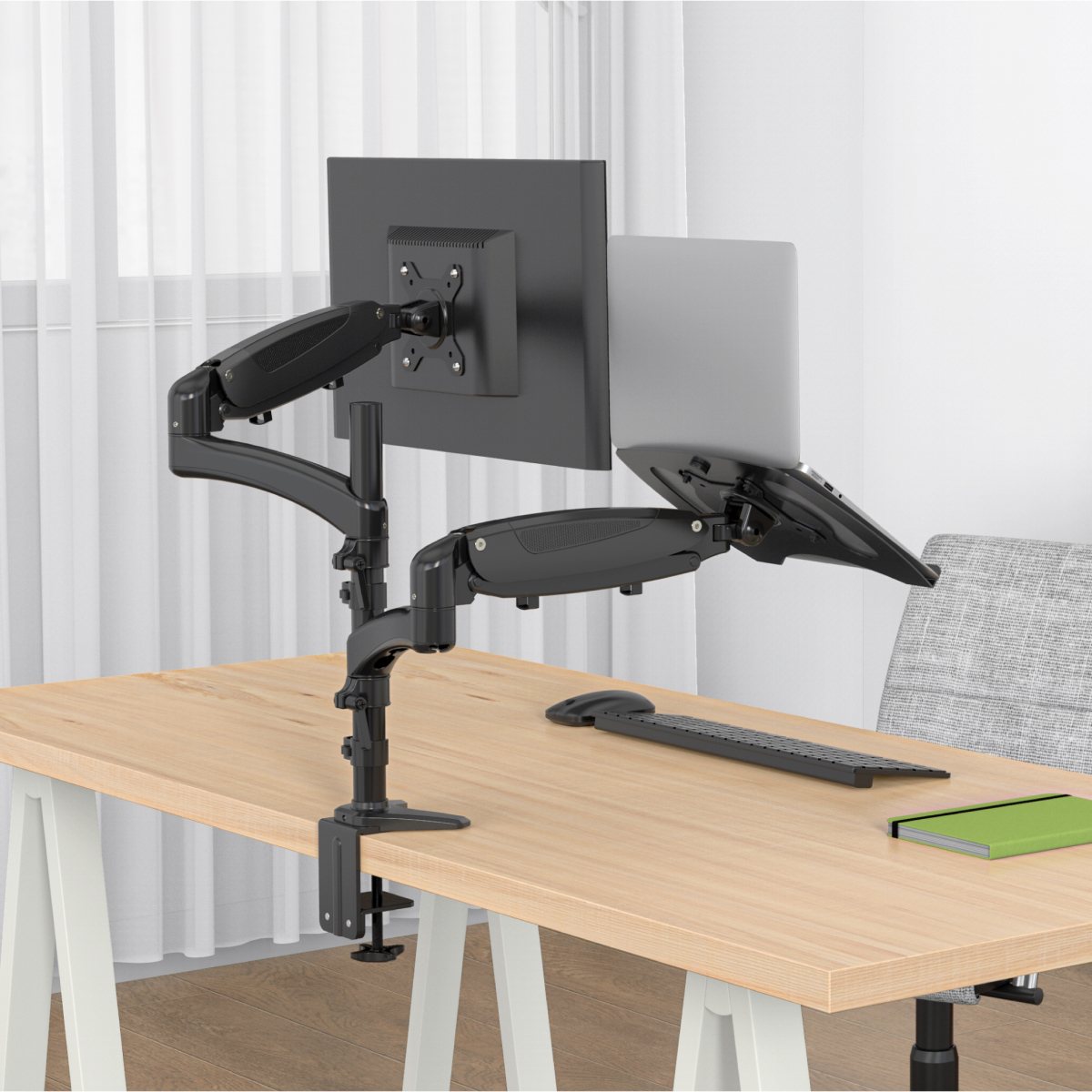 Vision Mounts VM-LH08 | Dual Monitor Stand 2 Arm Desk Screen Mount with Tray Holder VESA Adapter for Laptop & Notebook