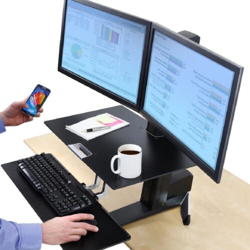 Ergotron 33-349-200 Sit Stand Desk Workstation Dual Monitor Mount Keyboard Mouse Tray Platform