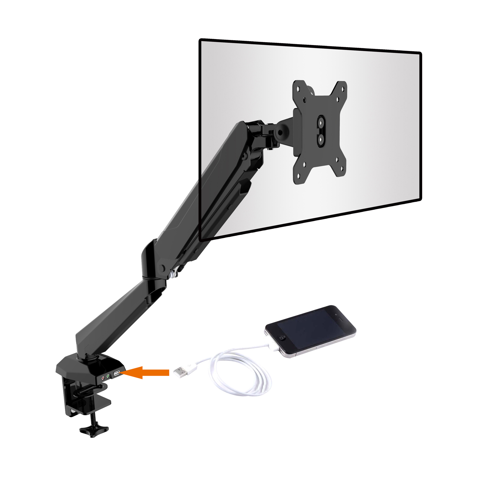 Vision Mounts VM-LCD-GM212U | Single Monitor Stand Arm Mount Gas Spring | Up to 32'' 8kg with USB