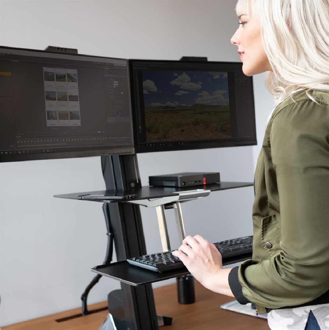 Ergotron 33-349-200 Sit Stand Desk Workstation Dual Monitor Mount Keyboard Mouse Tray Platform