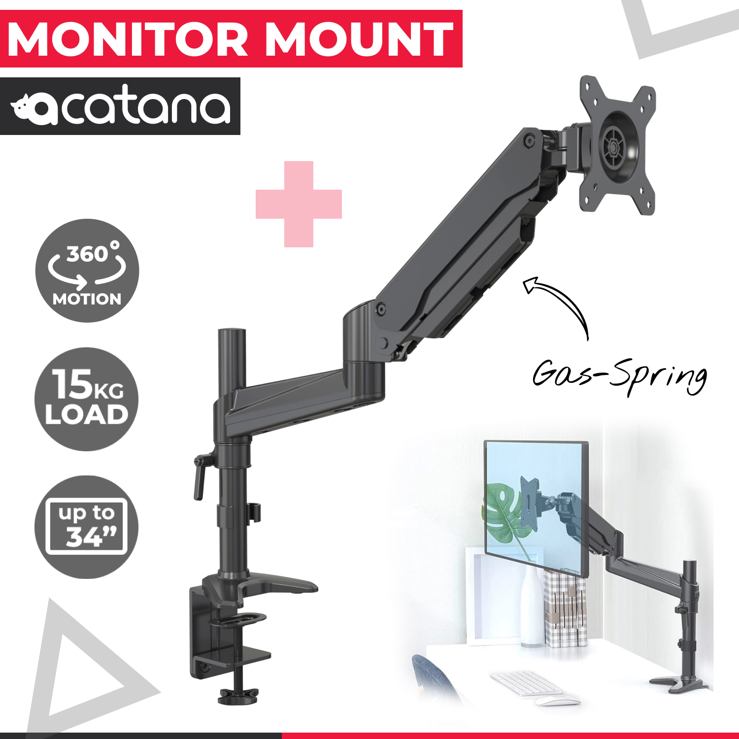 acatana Heavy Duty Computer Monitor Mount Stand Arm Single Stand Desk Screen Bracket Display Holder 34" 15kg Gas Spring ACA-GA12XD