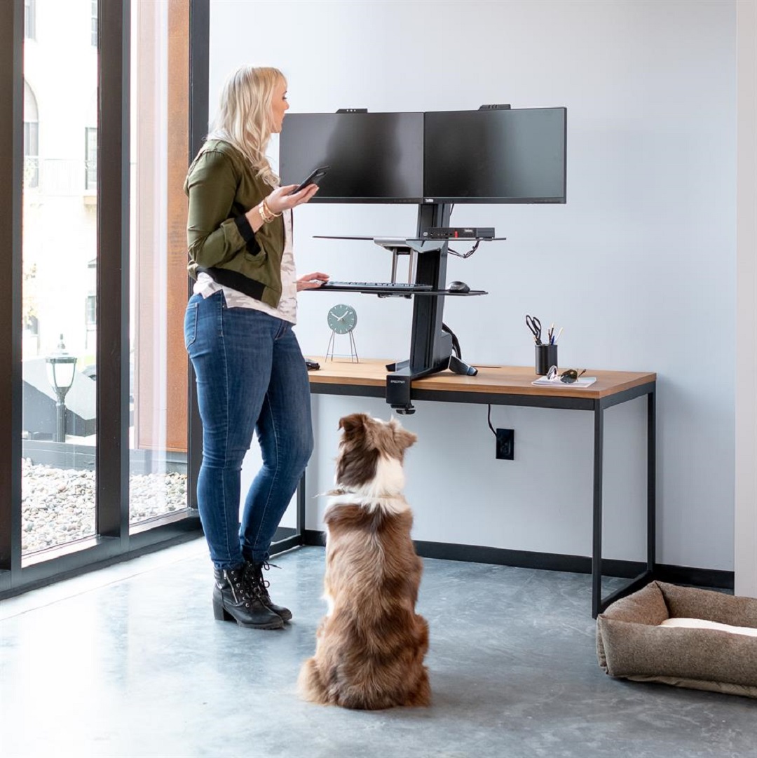 Ergotron 33-349-200 Sit Stand Desk Workstation Dual Monitor Mount Keyboard Mouse Tray Platform