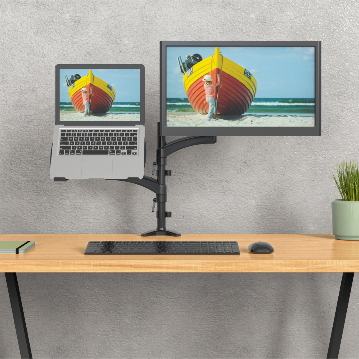 Vision Mounts VM-LH08 | Dual Monitor Stand 2 Arm Desk Screen Mount with Tray Holder VESA Adapter for Laptop & Notebook