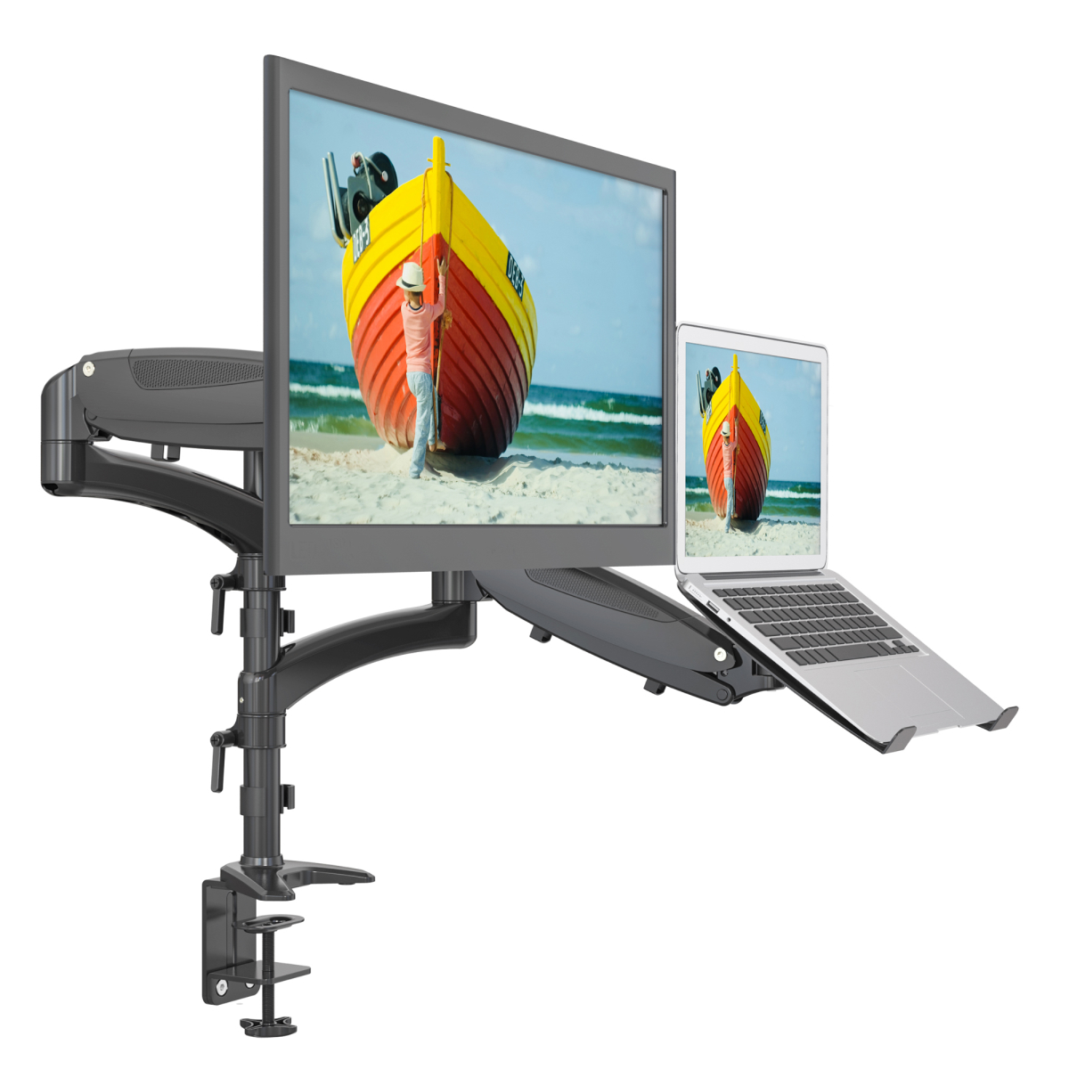 Vision Mounts VM-LH08 | Dual Monitor Stand 2 Arm Desk Screen Mount with Tray Holder VESA Adapter for Laptop & Notebook
