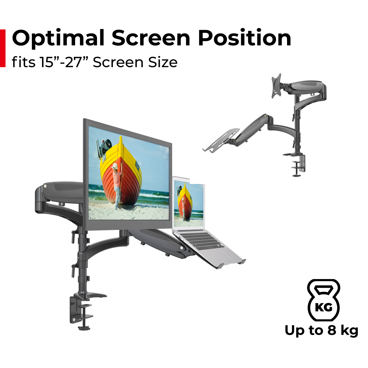 Vision Mounts VM-LH08 | Dual Monitor Stand 2 Arm Desk Screen Mount with Tray Holder VESA Adapter for Laptop & Notebook