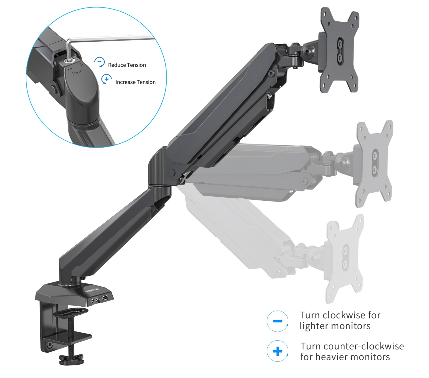 Vision Mounts VM-LCD-GM212U | Single Monitor Stand Arm Mount Gas Spring | Up to 32'' 8kg with USB