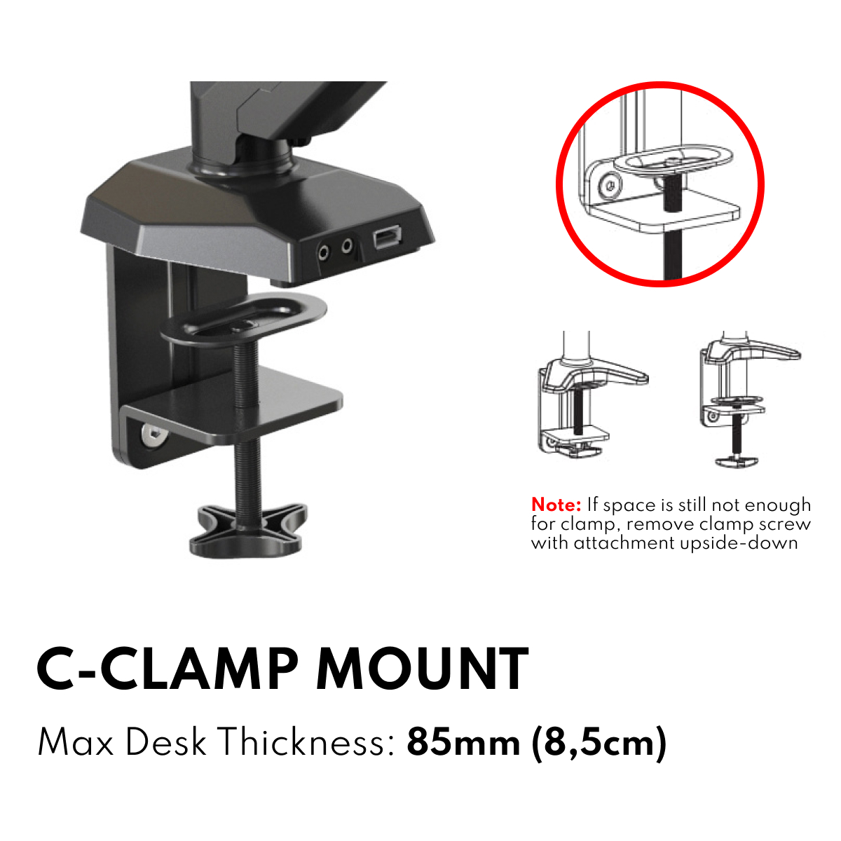 Vision Mounts VM-LCD-GM212U | Single Monitor Stand Arm Mount Gas Spring | Up to 32'' 8kg with USB