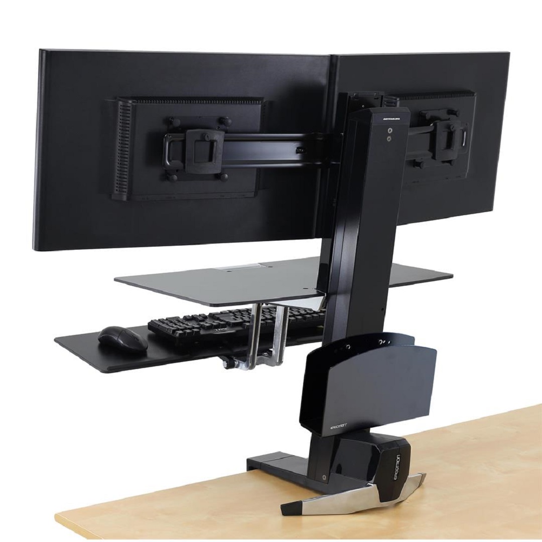 Ergotron 33-349-200 Sit Stand Desk Workstation Dual Monitor Mount Keyboard Mouse Tray Platform