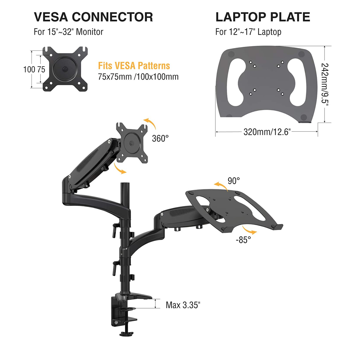 Vision Mounts VM-LH08 | Dual Monitor Stand 2 Arm Desk Screen Mount with Tray Holder VESA Adapter for Laptop & Notebook
