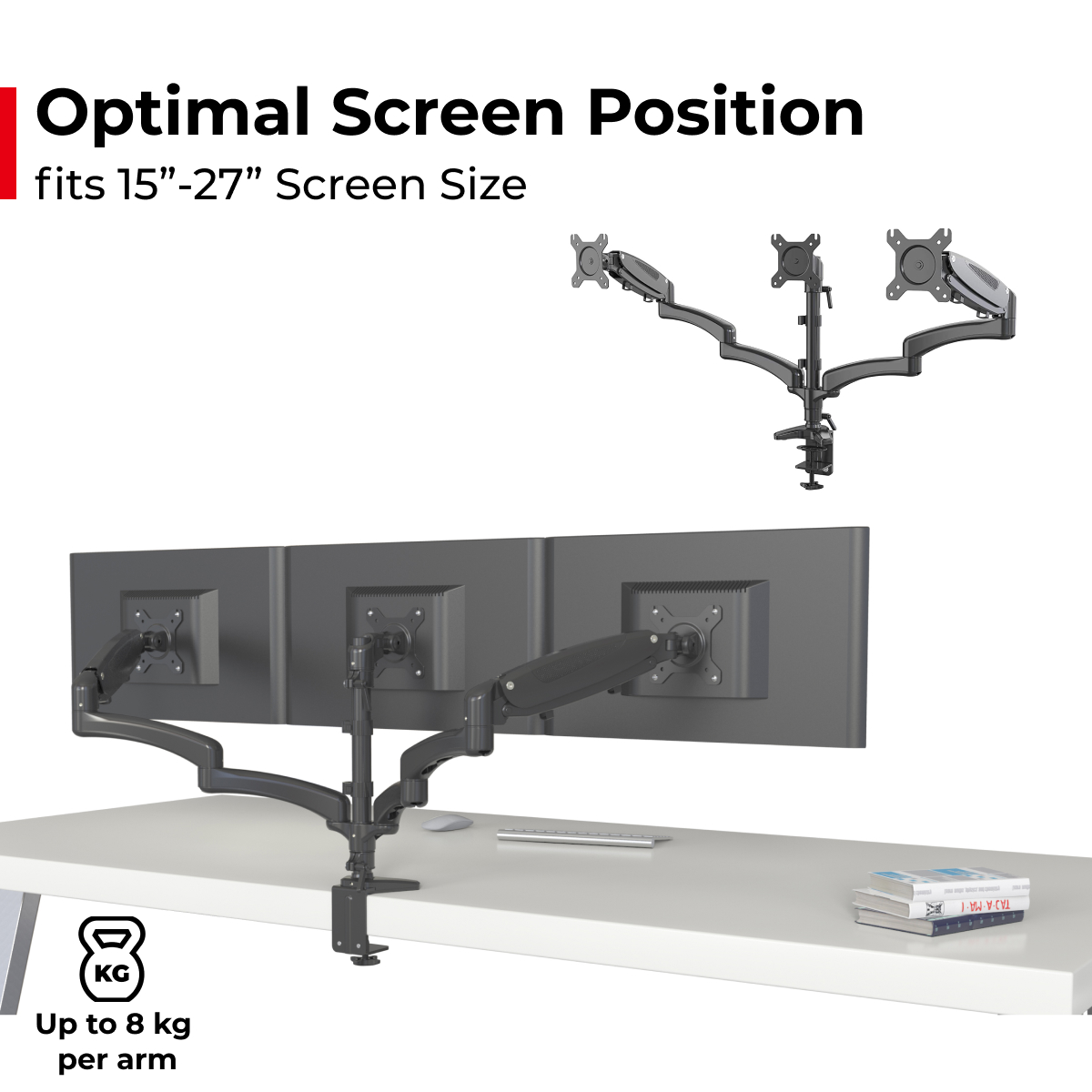 Vision Mounts VM-GM135D | Triple 3 Arm Monitor Stand Mount Desk Screen Holder Bracket Desktop 8 kg 27"