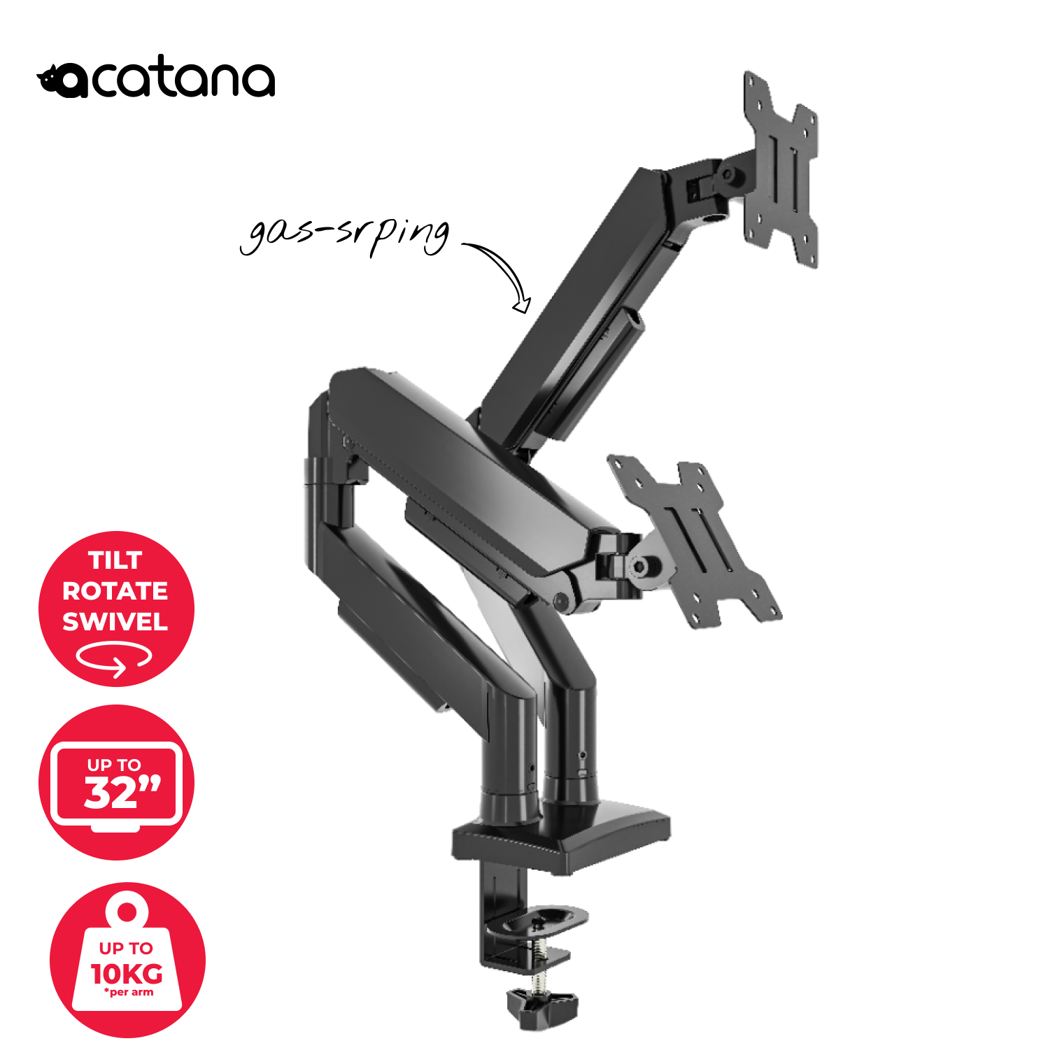 Dual Monitor Arm Gas Spring Desk Mount 17 - 32" VESA Adjustable LCD Holder 10kg